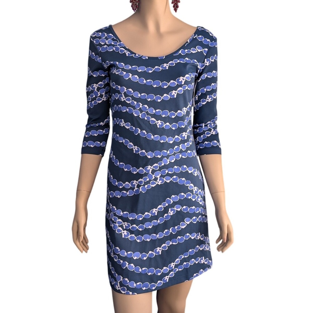 Mahi Gold Jersey Knit Dress Scoop Neck 3/4 Sleeve‎ Blue White Print XS